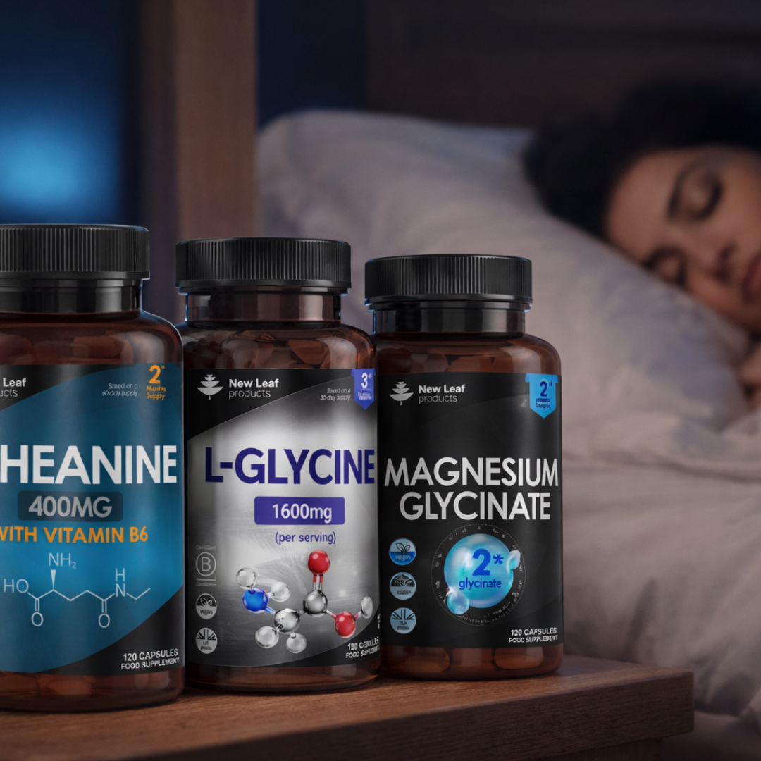 Three supplement bottles labeled 'Leucine', 'L-Glycine', and 'Magnesium Glycinate' on a nightstand with a person sleeping in the background.