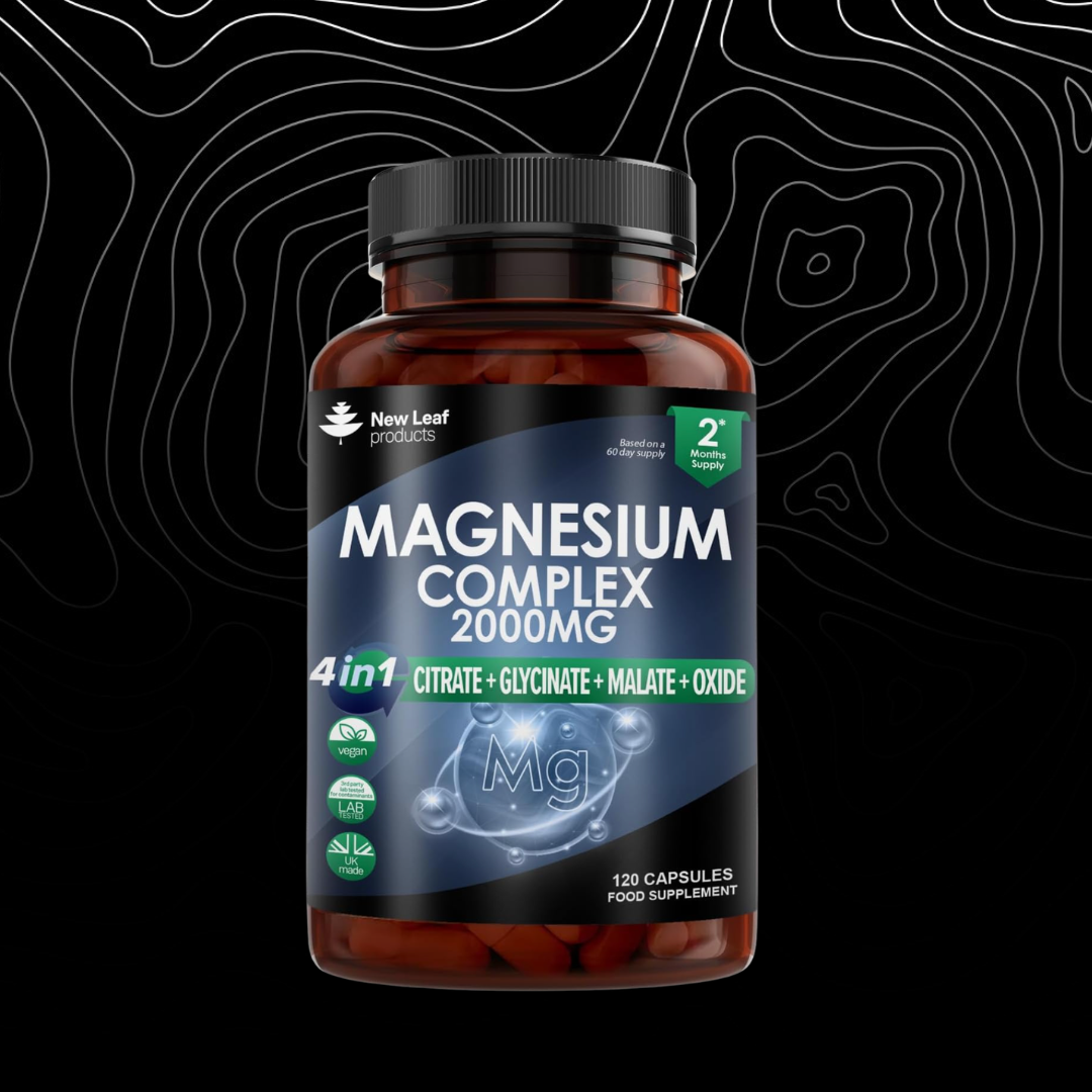 Supplement bottle labeled 'Magnesium Complex 2000MG' on a dark background