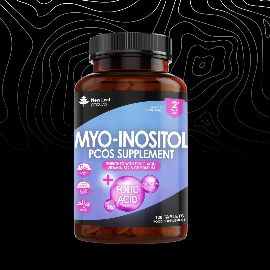Supplement bottle labeled 'MYO-INOSITOL PCOS SUPPLEMENT' on a black background