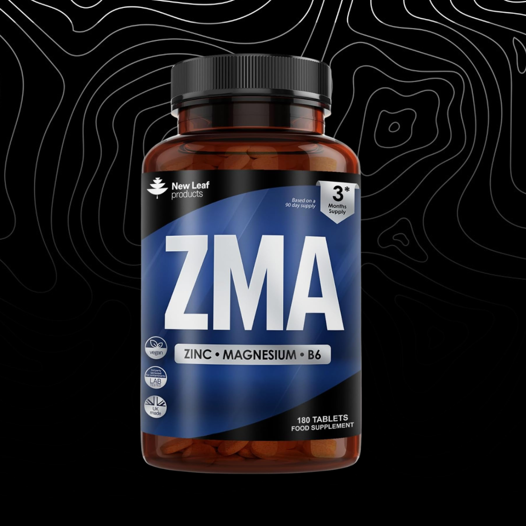 Bottle of ZMA supplement with a black and white abstract pattern in the background
