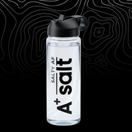 Clear water bottle with black cap and 'A+ Salt' branding on a black background