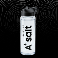 Clear water bottle with black cap and 'A+ Salt' branding on a black background