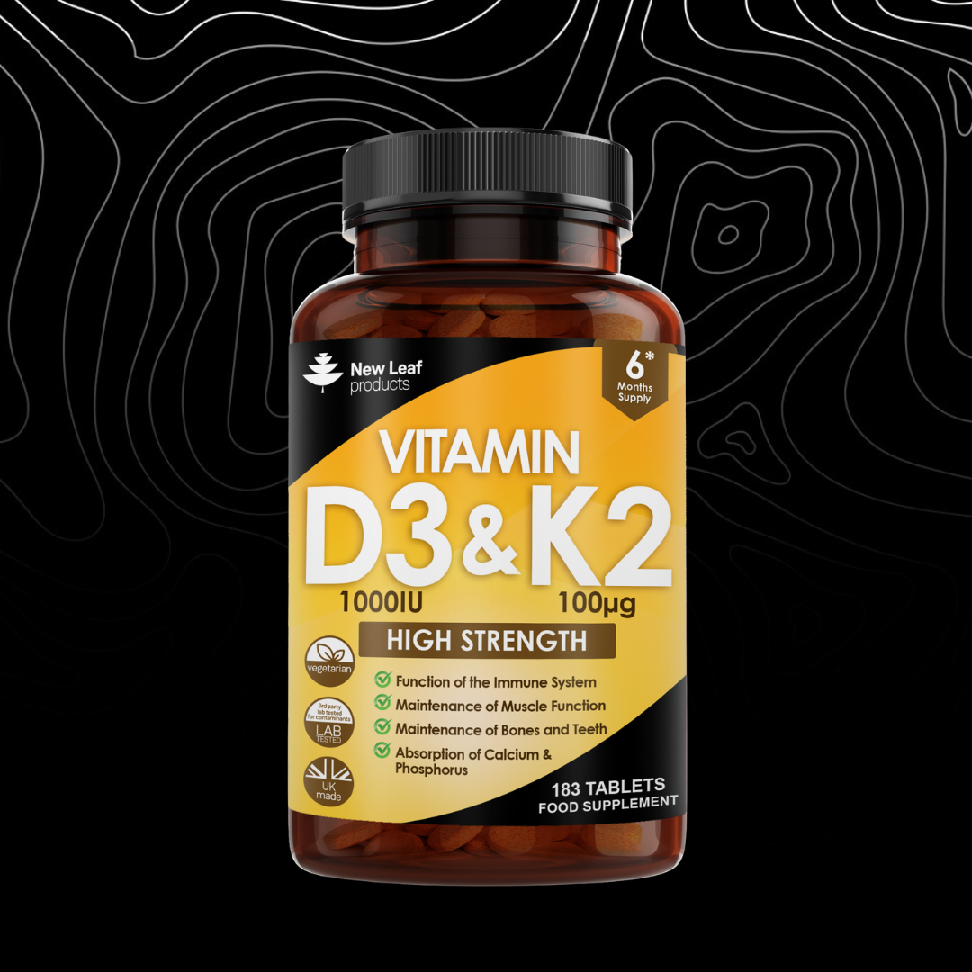 Vitamin D3 & K2 supplement bottle with New Leaf Products label on a black background