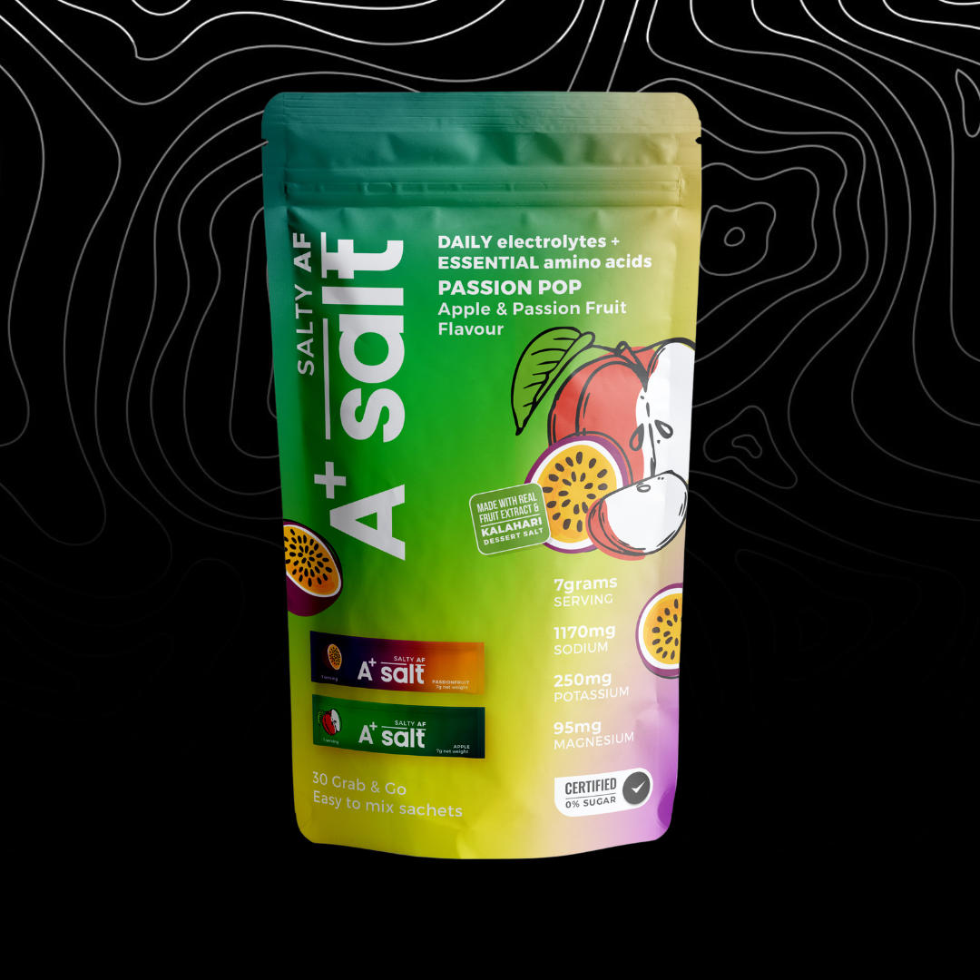 A+ Salt packet with fruit illustration on a black background