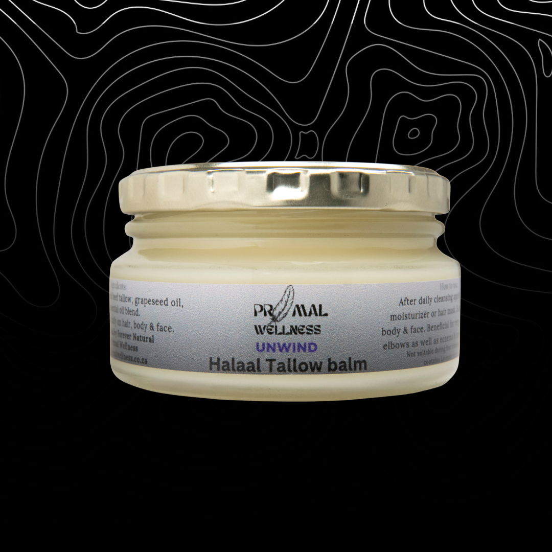 Jar of Primal Wellness Halal Tallow balm on a black background