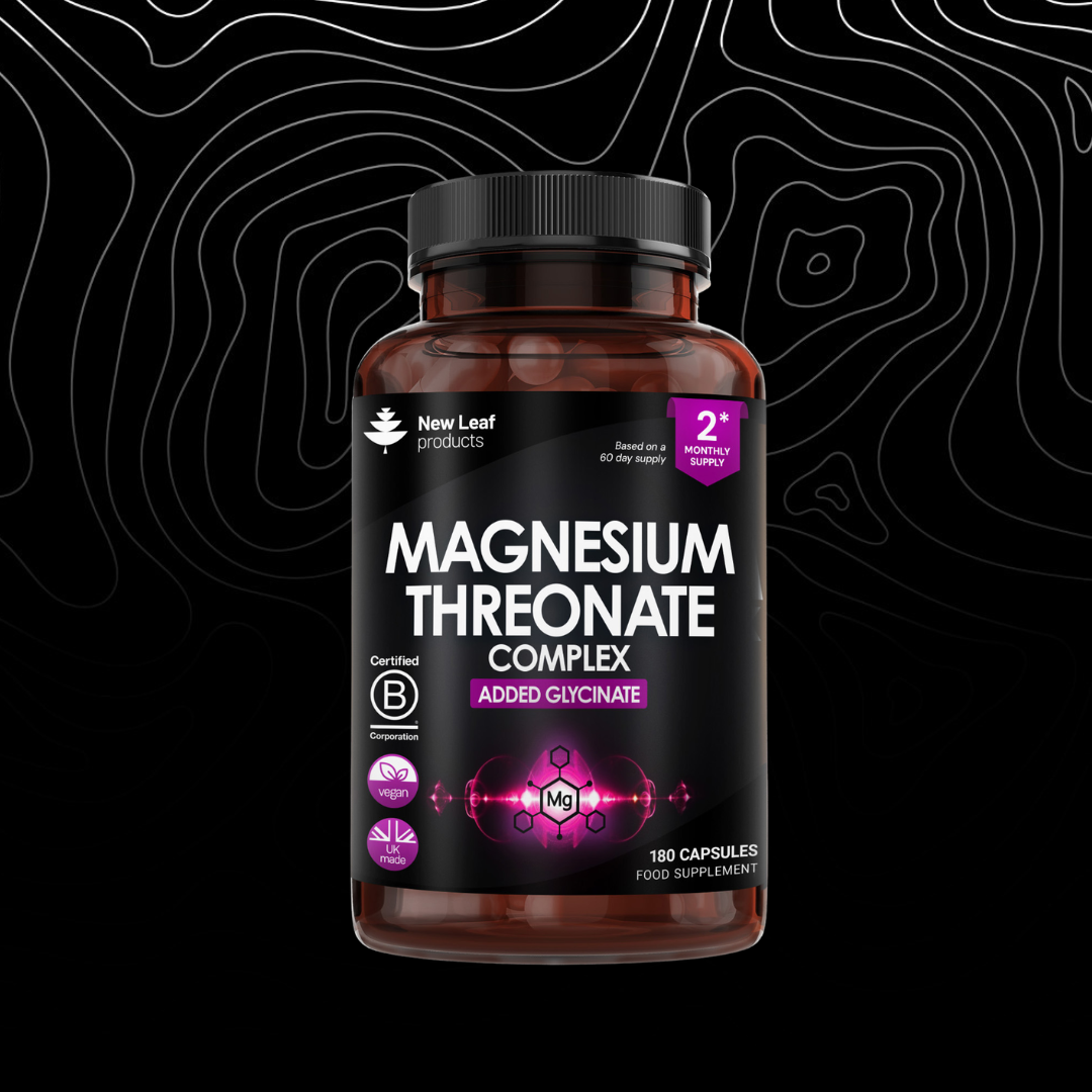 Supplement bottle labeled 'Magnesium Threonate Complex' on a black background