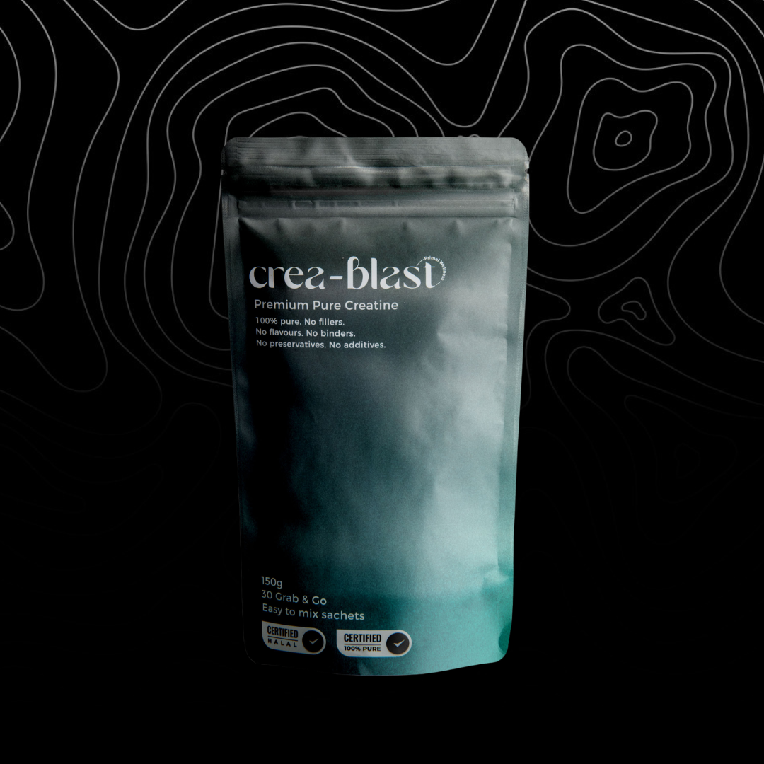 Package of 'crea-blend' premium pure creatine on a dark background