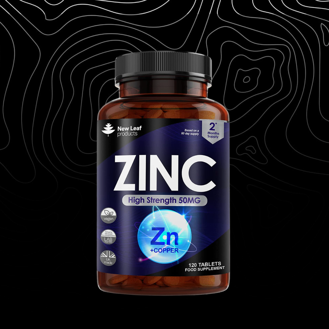 Supplement bottle labeled 'Zinc' with New Leaf Products branding on a dark background