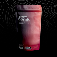 Body Bomb package on a black background with white abstract patterns