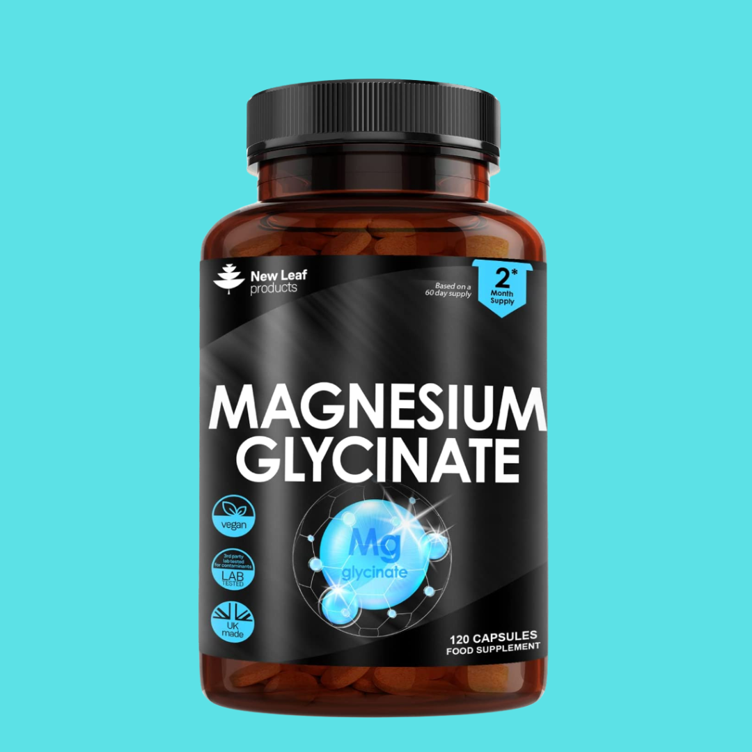 Bottle of magnesium glycinate capsules on a blue background