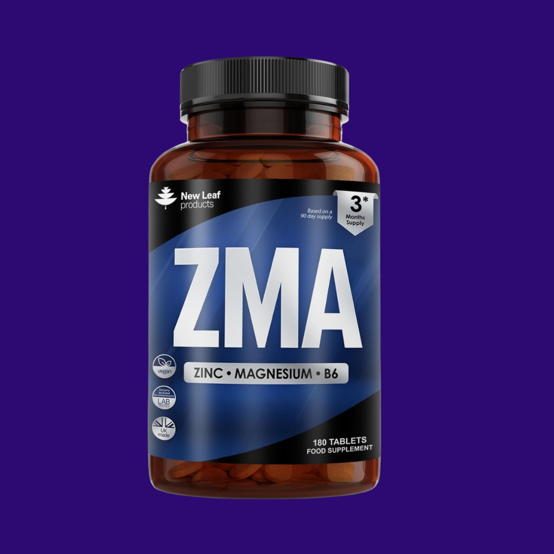 ZMA supplement bottle with blue label on a purple background