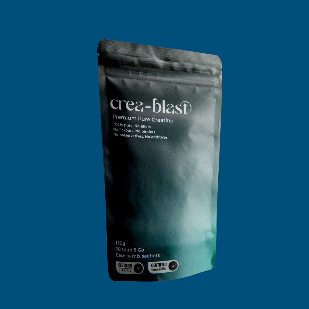 Crea-Blast premium pure creatine packaging on a blue background
