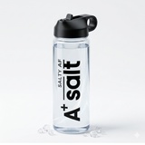 Clear water bottle with black cap and 'A+ Salt' text on a light gray background
