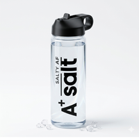 Clear water bottle with black cap and 'A+ Salt' text on a light gray background