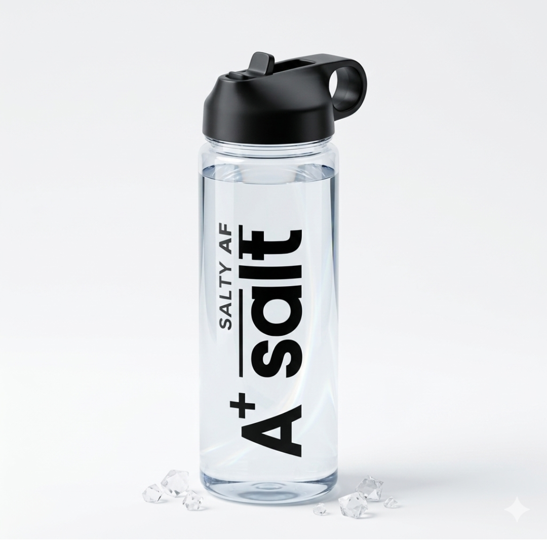 Clear water bottle with black cap and 'A+ Salt' text on a light gray background