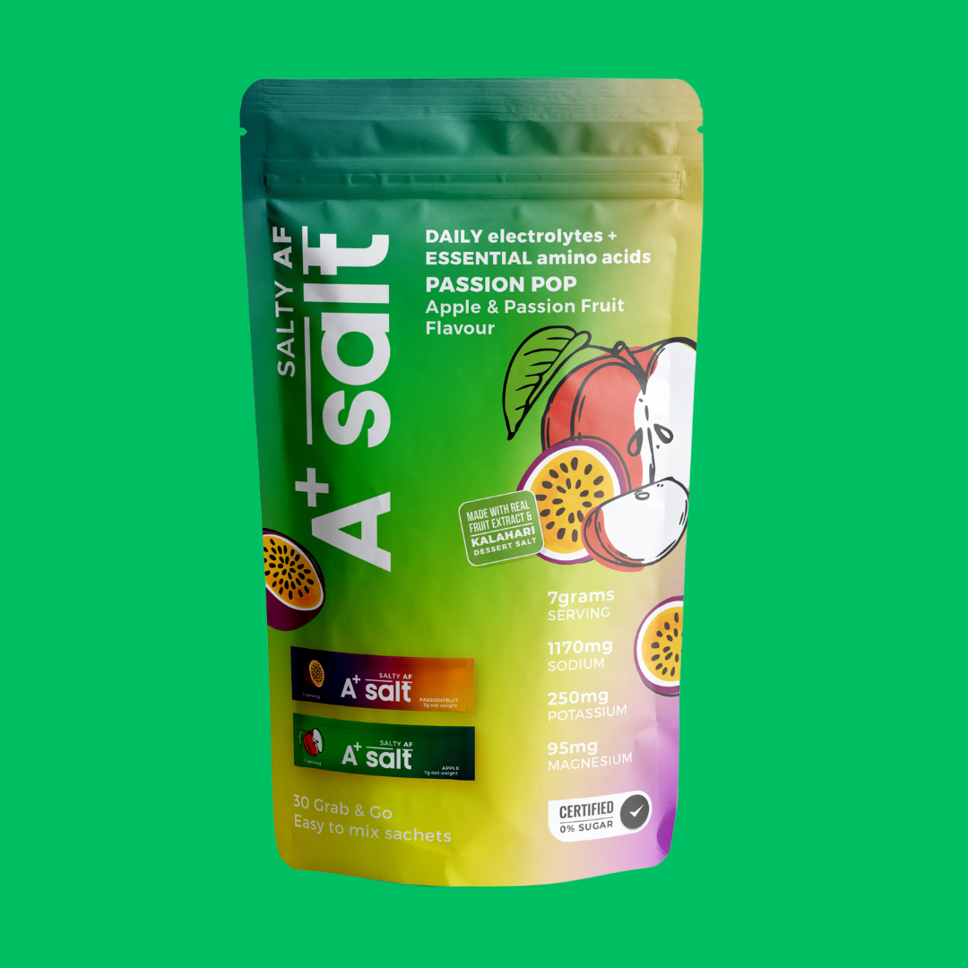 Salty A+ salt packet on a green background