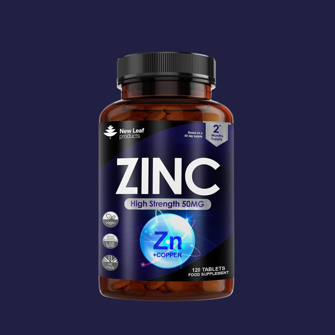Supplement bottle labeled 'Zinc' with New Leaf Products branding on a dark background
