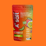 Salty A+ Salt packet on an orange background