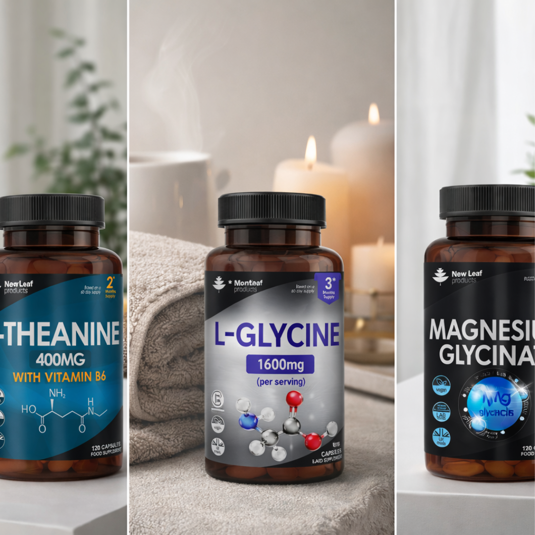 Three supplement bottles labeled Theanine, L-Glycine, and Magnesium Glycinate on a neutral background.