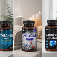 Three supplement bottles labeled Theanine, L-Glycine, and Magnesium Glycinate on a neutral background.