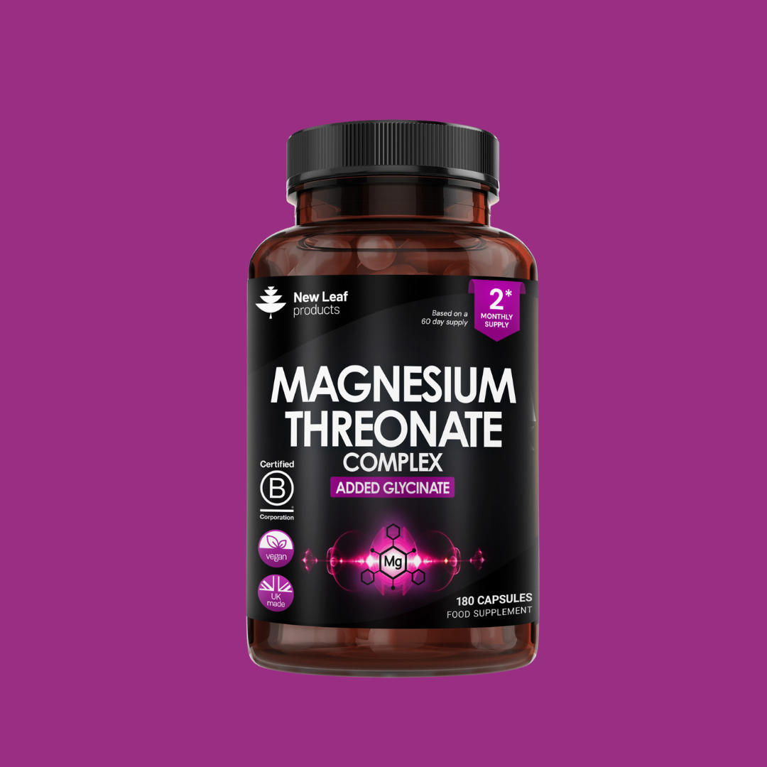 Supplement bottle labeled 'Magnesium Threonate Complex' on a purple background