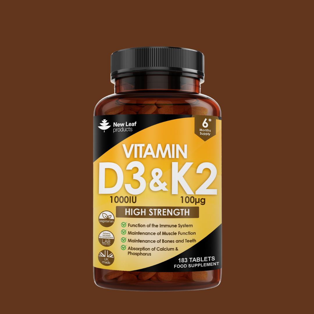 Vitamin D3 & K2 supplement bottle with label on a brown background