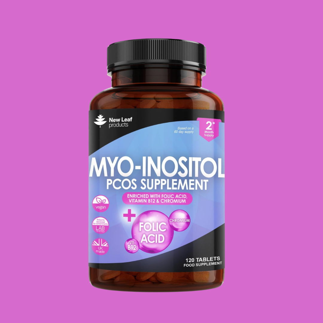 MYO-INOSITOL PCOS supplement bottle with purple label on a pink background