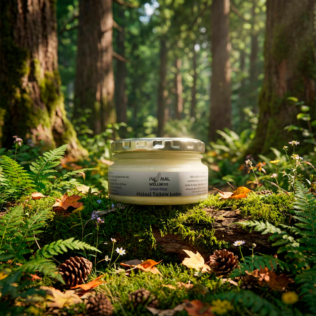 Jar of cream on a log in a forest setting