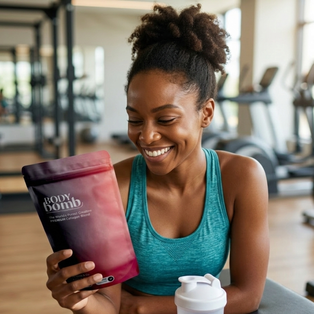 Woman in a gym holding a 'Body Bomb' product