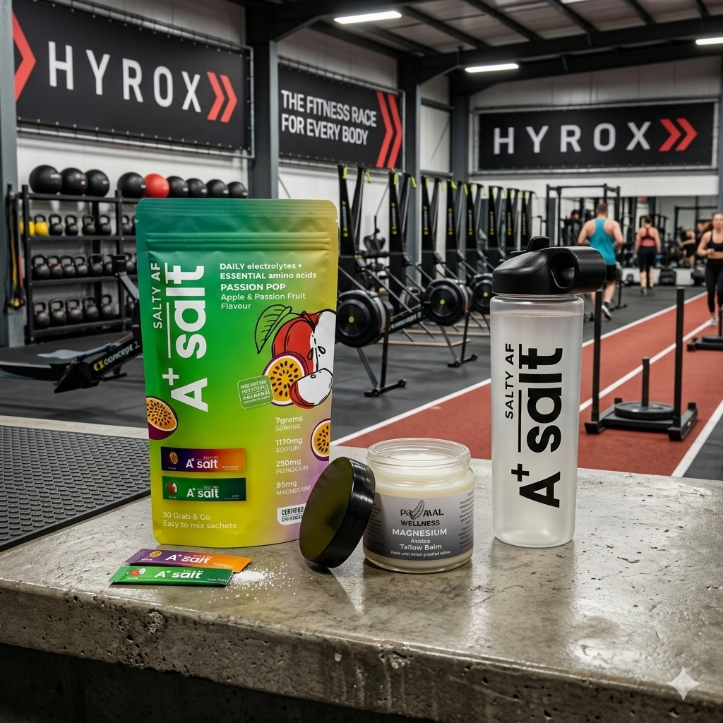 Salty AF products on a gym counter with 'Hyrox' branding in the background