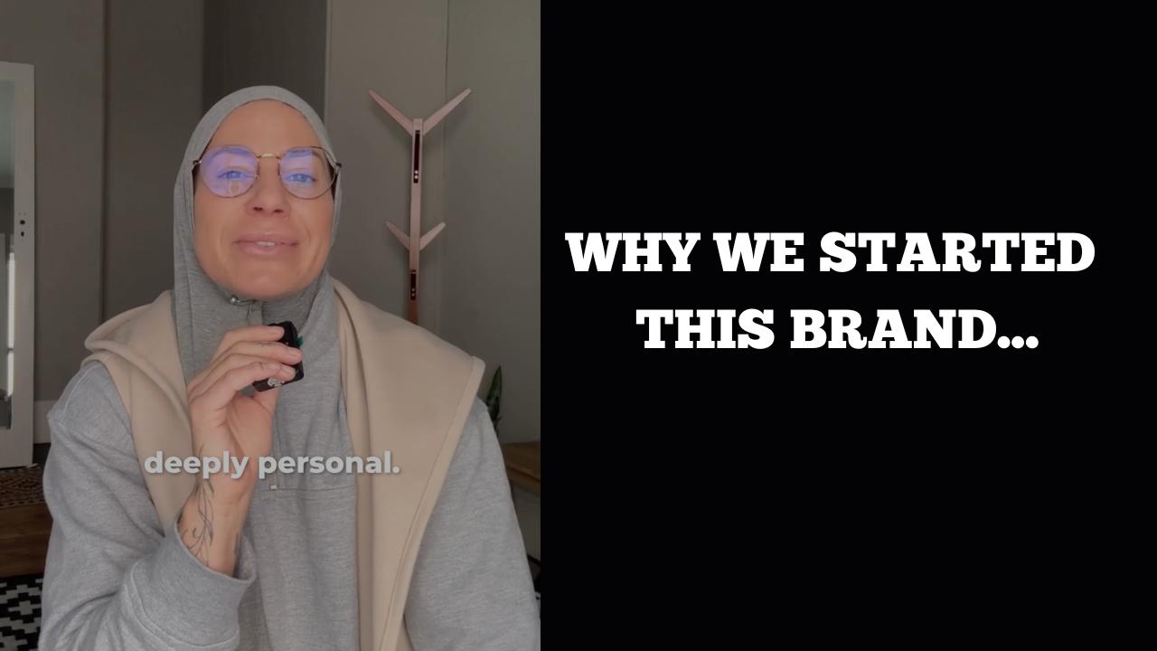 Woman with glasses and headscarf holding a phone, with text 'deeply personal' and 'WHY WE STARTED THIS BRAND.