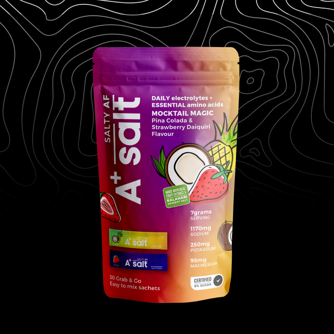 Salty A+ Salt product packaging on a black background