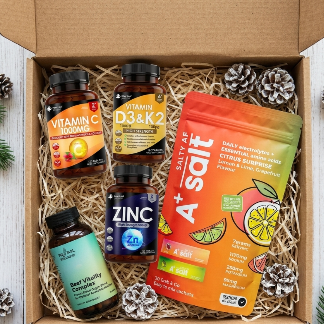 Box containing health supplements including Vitamin C, D3&K2, Zinc, and A+ Salt.